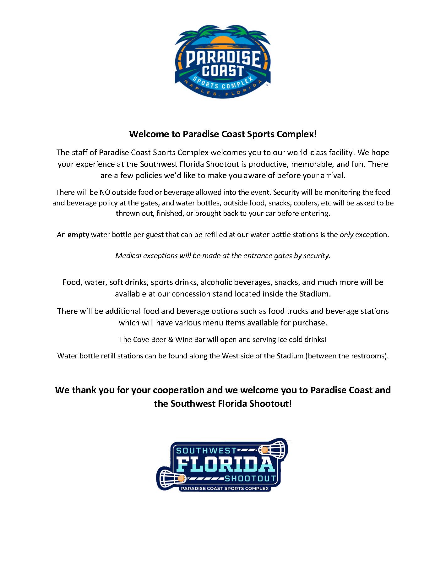Southwest Florida Shootout Food and Bev Policy